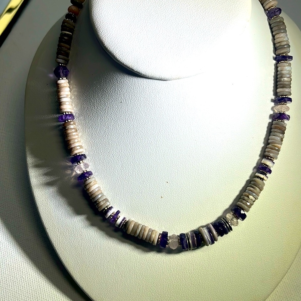 Handmade gemstone heishi necklace. Sterling  Amythyst Peruvian opals rose quartz